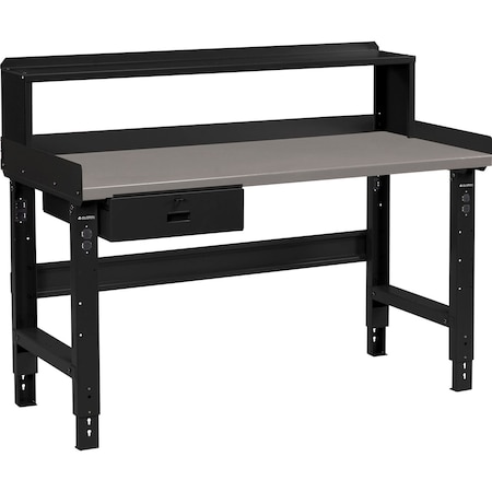 Global Industrial 72 x 30 Adj Height Workbench w/Drawer&Riser, Black- Steel Square Edge Top 183154BBK